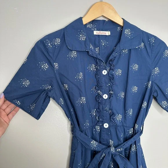 Tullette Women's XS Blue White Dot Print‎ Short Sleeve Button Down Belted Dress - Picture 2 of 10